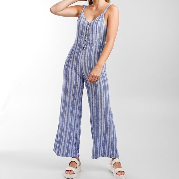 Dear Grace Pants - Blue Boho Striped Linen Jumpsuit